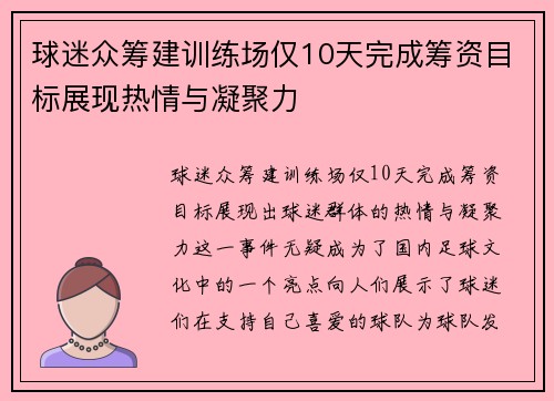 球迷众筹建训练场仅10天完成筹资目标展现热情与凝聚力